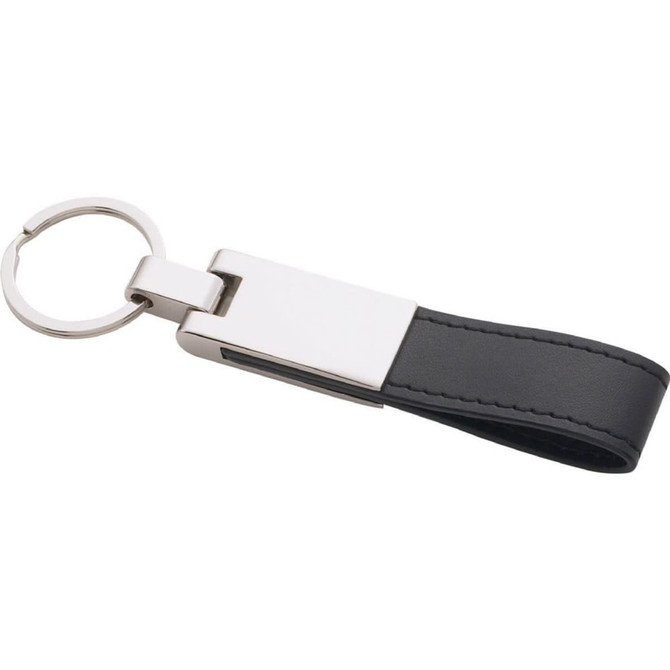 A silver key ring with a black faux leather strap and a shiny metal attachment.