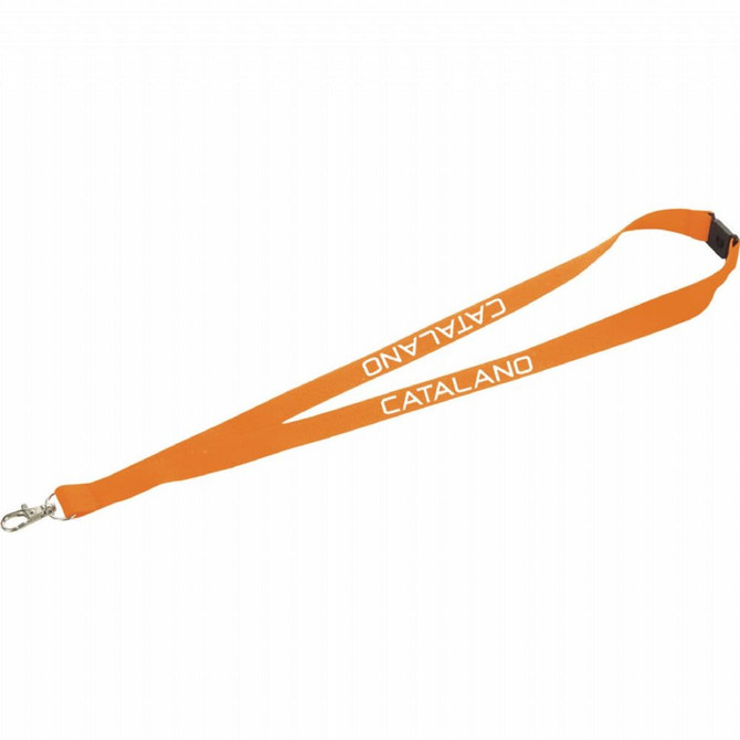 An orange lanyard with a lobster clip and a logo, suitable for events and exhibitions.