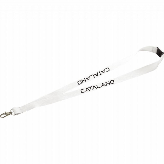 A white lanyard with a lobster clip and branding displayed along its length.