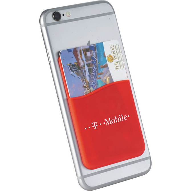 A red silicone card wallet attached to a smartphone, holding a credit card and featuring a logo.
