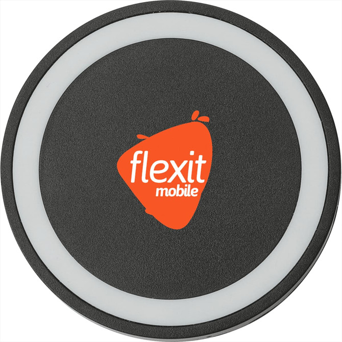 A round black wireless charging pad with a white edge and a logo in the centre.
