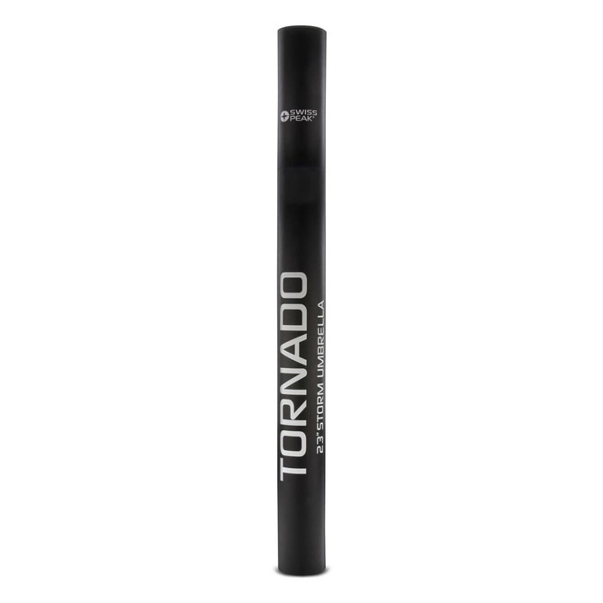 A black umbrella with a sleek design, featuring a logo and the name "Tornado" in white lettering on the sleeve.