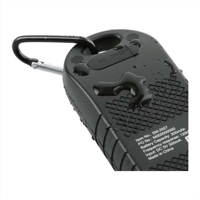 A black, waterproof Bluetooth speaker with a textured surface and a carabiner clip attached.