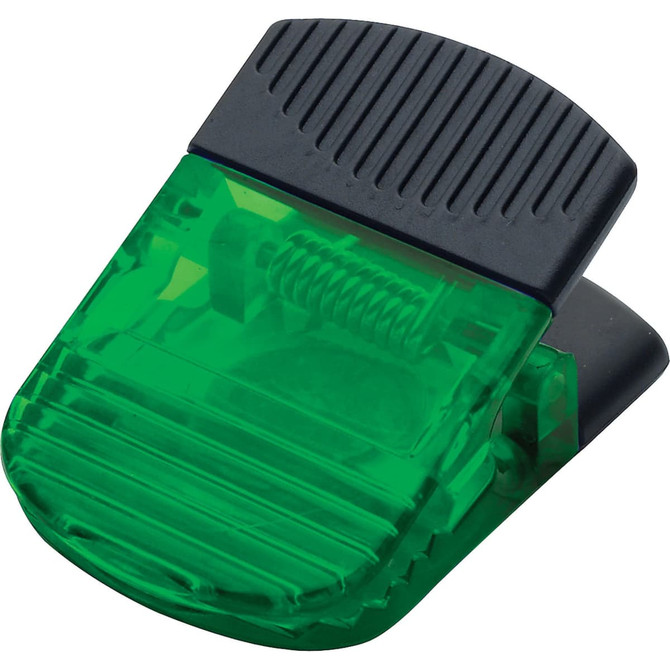A green jumbo magnetic memo holder with a black clip, designed for holding notes or papers in an office setting.