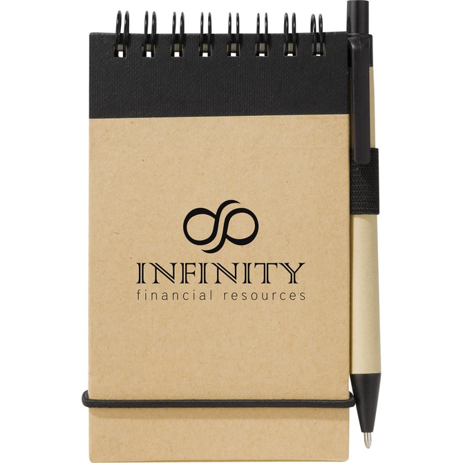 A brown notepad with a black cover and a pen attached, featuring a logo on the front.