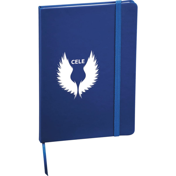 A blue 5 x 7 notebook with a snap elastic closure and a branding logo on the front cover.