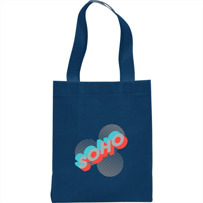 A navy blue non-woven tote bag featuring a printed design with a logo and geometric shapes.
