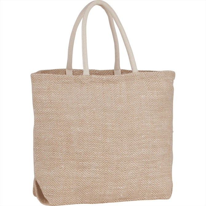 A large herringbone jute tote bag in a natural beige colour with sturdy handles. Features a logo.