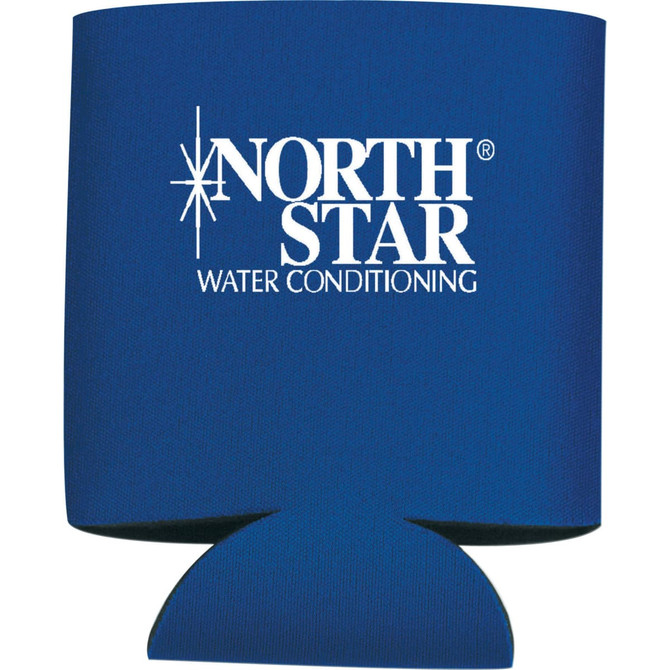 A collapsible blue can insulator for 350ml drinks, featuring a logo on one side.
