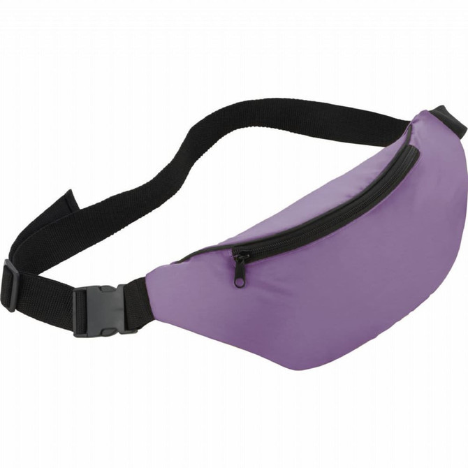 A purple bum bag with a black strap and a zippered compartment, featuring a logo on the surface.
