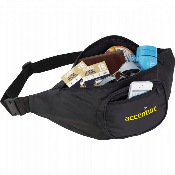 A black fanny pack with a zippered pocket, containing tickets, sunglasses, a drink bottle, and a phone. Features a logo.