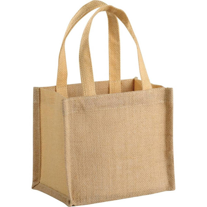 A small natural jute tote bag with two handles, featuring a rectangular shape and a textured surface.