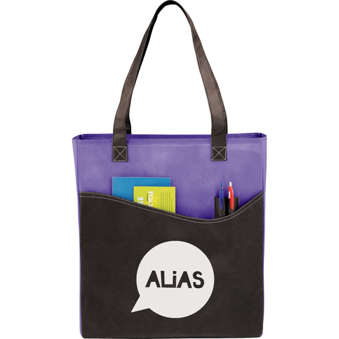 A black and purple non-woven tote bag with a logo, featuring various stationery items and a notebook inside.