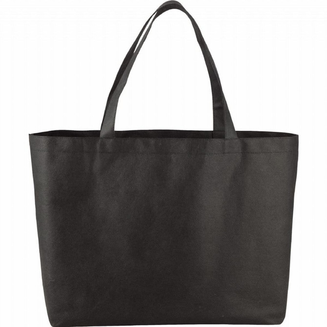 A large black non-woven tote bag with two sturdy handles and a spacious design. Features a branding logo.