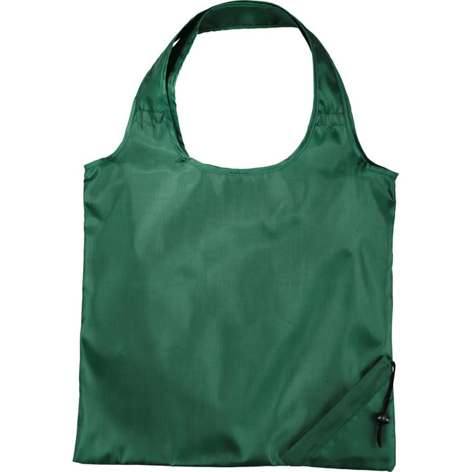 A green foldable tote bag with a simple design and a small attached pouch for storage. It features a logo.