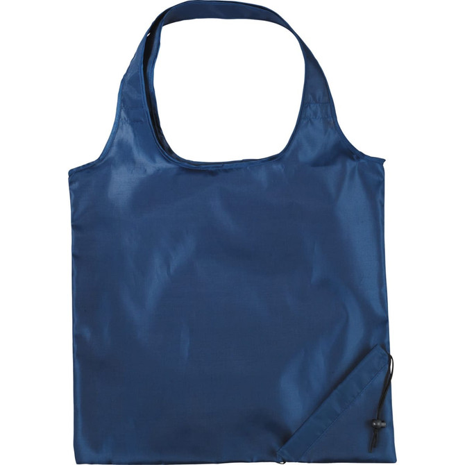 A navy foldaway shopper tote bag with a simple design and drawstring closure. It features a branding logo.