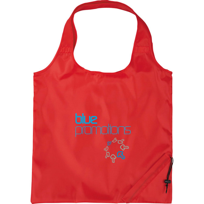 A red foldaway shopper tote bag with a logo and a drawstring closure.