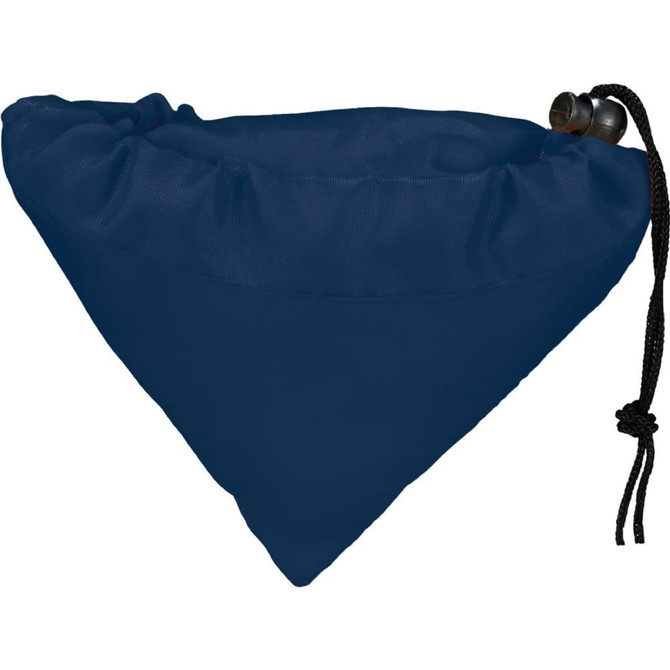 A navy blue foldaway shopper tote bag with a drawstring closure and a sleek, triangular design. Features a logo.
