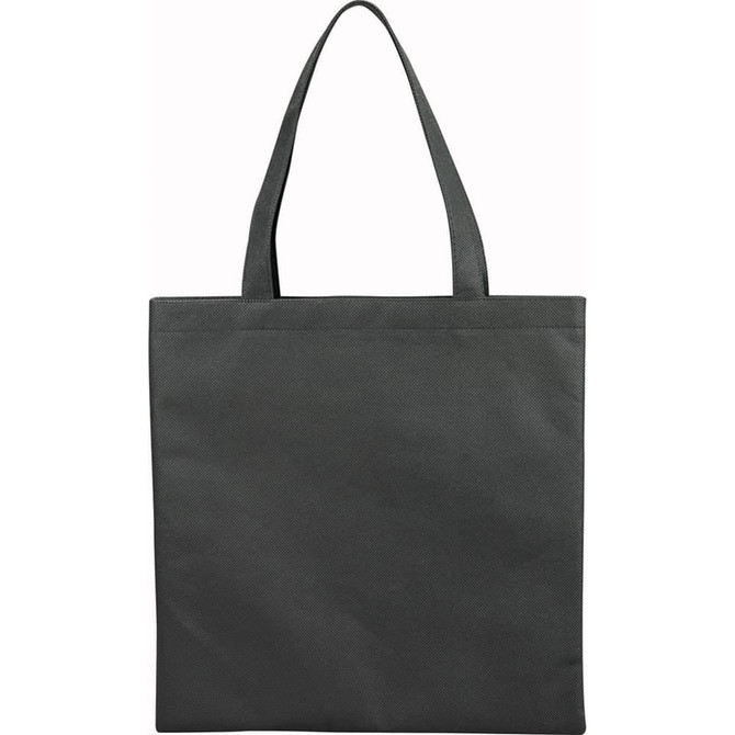 A grey non-woven tote bag with two handles and a plain design, featuring a branding logo.