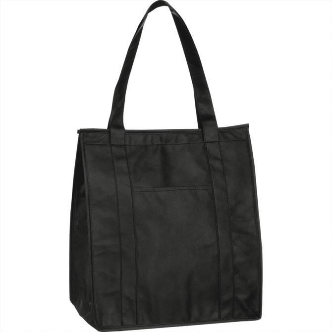 A black insulated grocery tote bag with two handles and a front pocket. It features a logo.