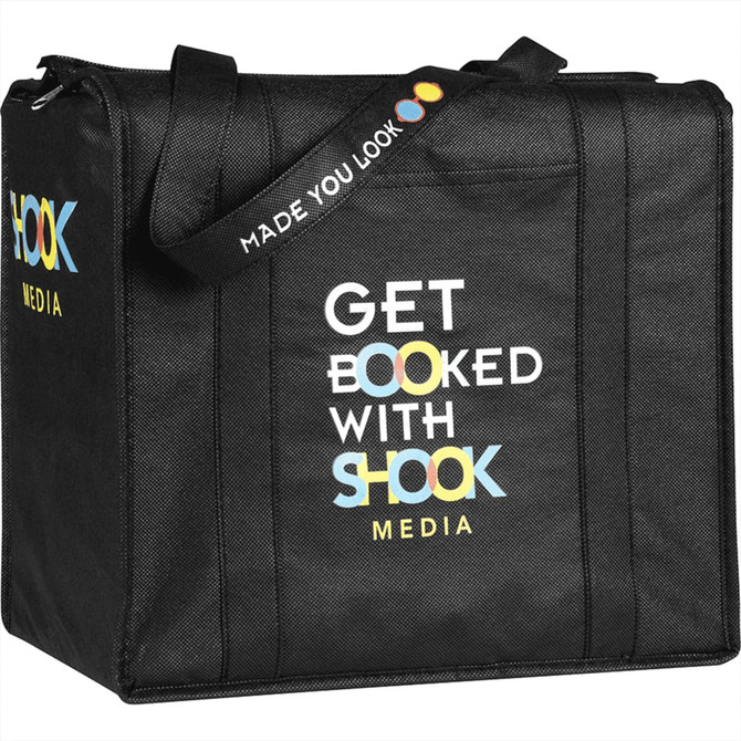 A black insulated grocery tote with a logo and text, featuring sturdy handles and a rectangular shape.