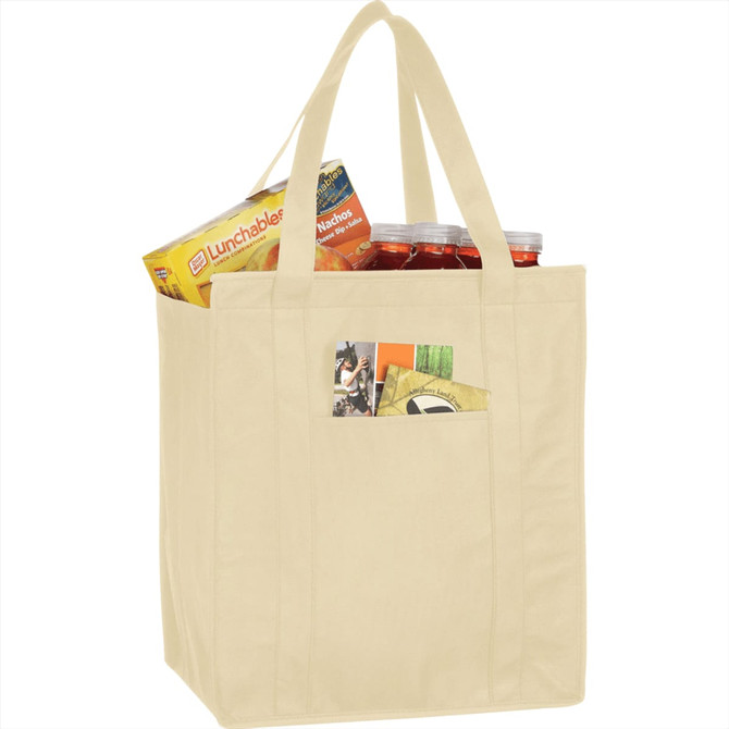 A beige insulated grocery tote filled with snacks and drinks, featuring a front pocket and sturdy handles.