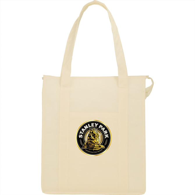 A cream-coloured insulated grocery tote bag with a large logo on the front and long handles.
