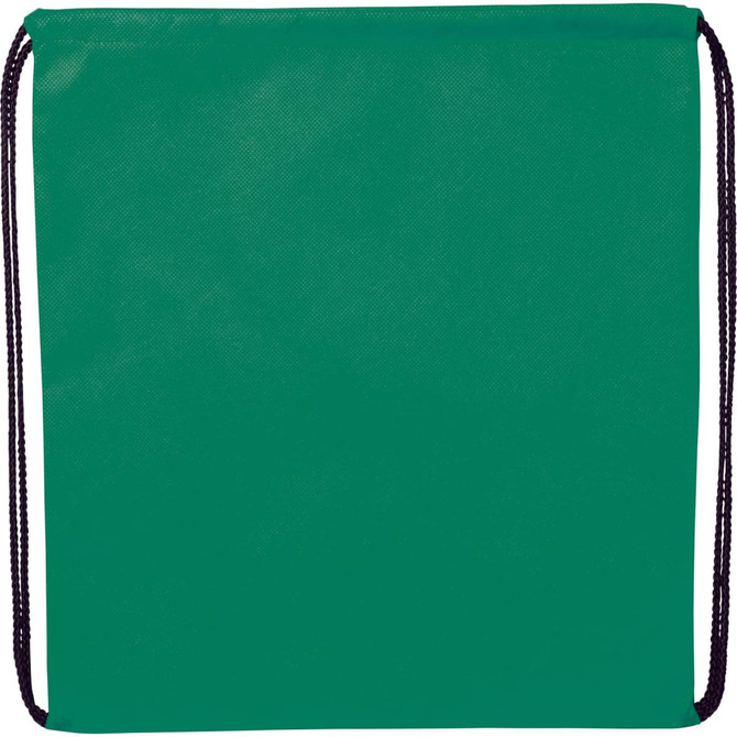 A green non-woven drawstring sportpack with black cords, featuring a plain design and a logo.