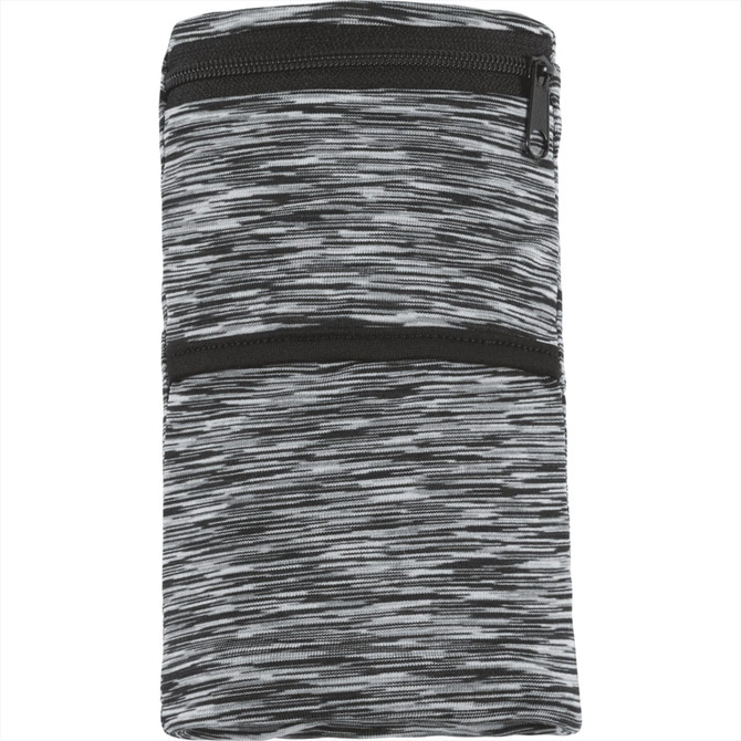 A black and grey heathered wristband with two zippered pockets, featuring a branded logo.