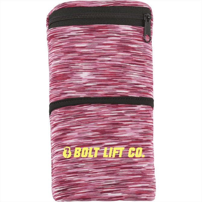 A heathered wristband in shades of red with a zippered pocket and a logo on the front.