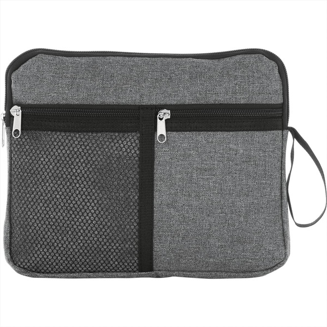 A multi-purpose travel bag in grey, featuring zippered compartments and a mesh pocket, includes a handle for easy carrying.