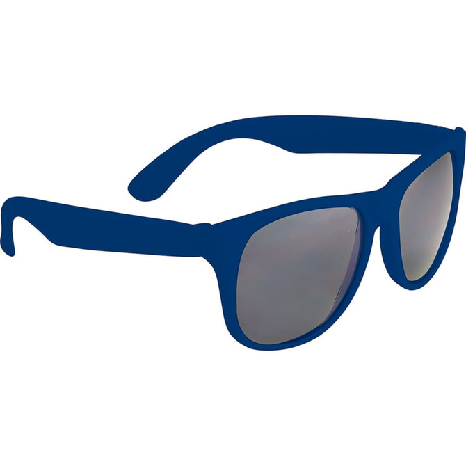 Blue retro sunglasses with solid frames and mirrored lenses, featuring a logo on the side.
