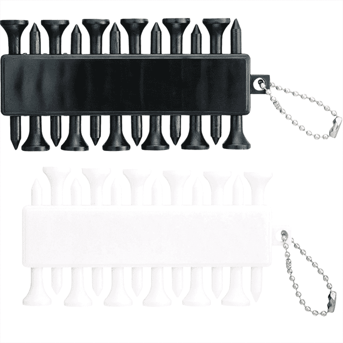 A set of golf ball markers in black and white, each with a chain for convenience. The product includes multiple markers.