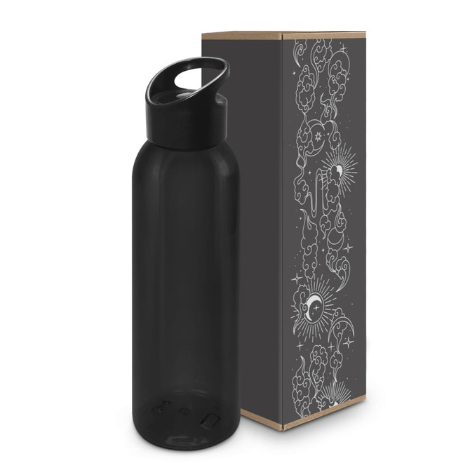 A drink bottle in matte black with a flip-top lid, accompanied by a decorative box with intricate designs.