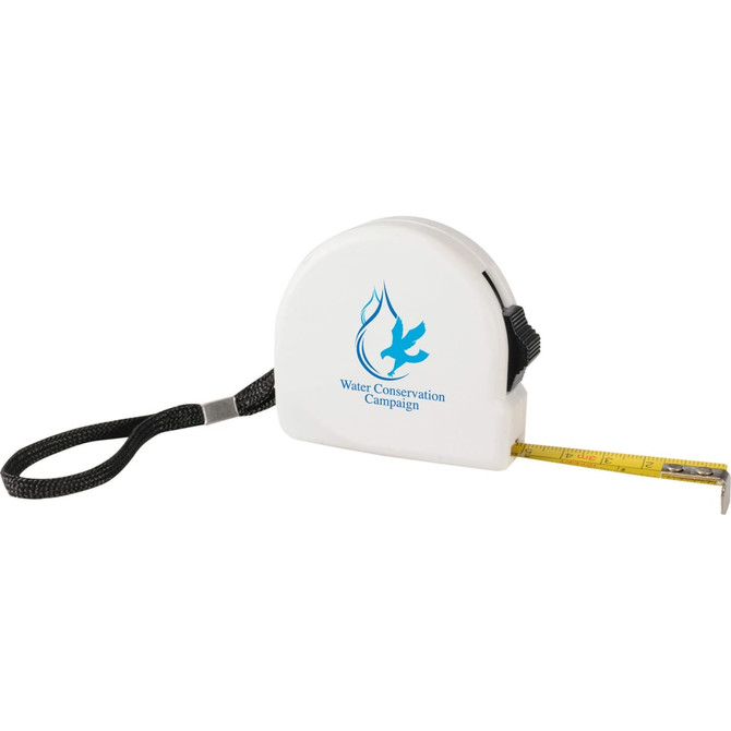 A white tape measure with a black strap, featuring a logo on its side and a yellow measuring tape.