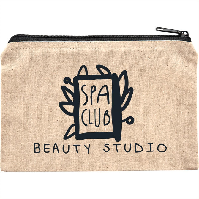A beige cotton travel pouch with a zip closure and a logo featuring a spa-themed design.