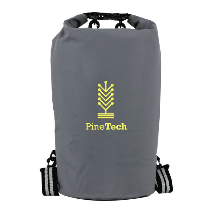 A grey waterproof cooler backpack with adjustable straps and a logo printed on the front.