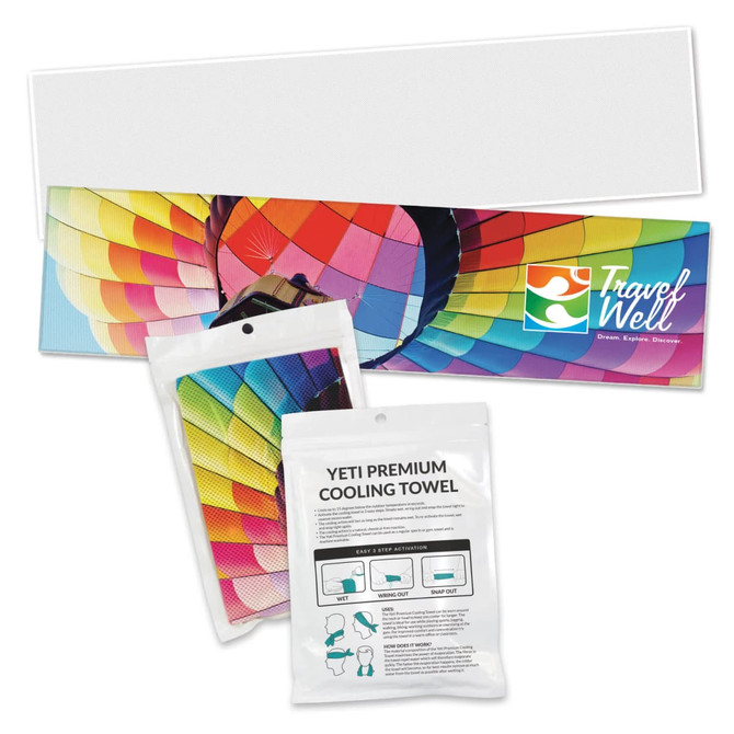 A pouch containing a multi-coloured Yeti Premium Cooling Towel, set against a vibrant hot air balloon backdrop.
