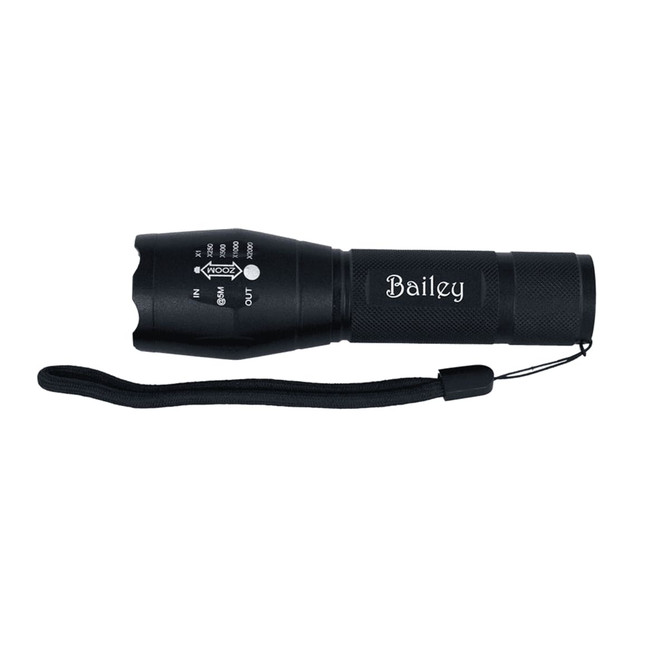 A black torch with a textured grip and a wrist strap, featuring control dials and a branding logo.