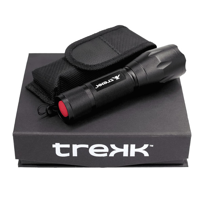 A black torch with a red accent, accompanied by a black carrying case and a branded box.