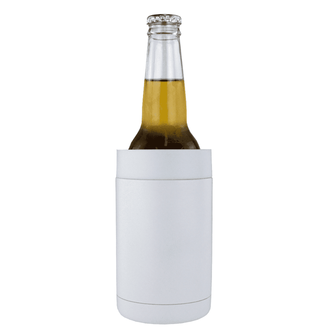 A drink bottle in a white stubby holder, designed to keep beverages cold. The holder features a logo.