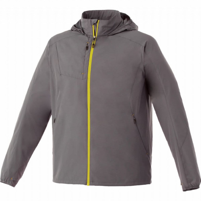 A lightweight men's jacket in grey with yellow accents, featuring a hood and front zip pockets.