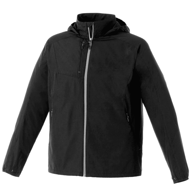 A lightweight men's jacket in black with a hood, featuring zippered pockets and a branding logo.