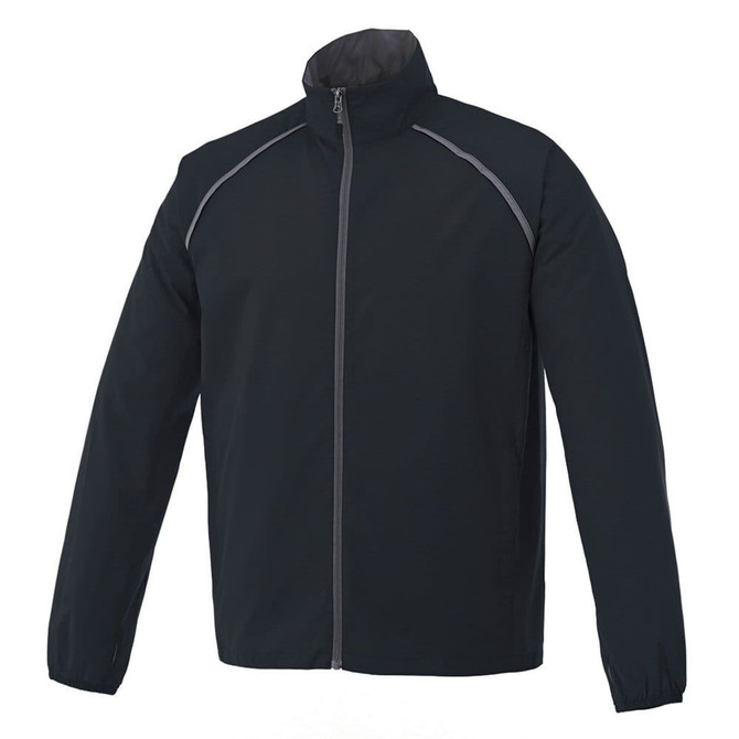 A packable men's jacket in black with grey detailing and a zippered front. Features a logo on the design.