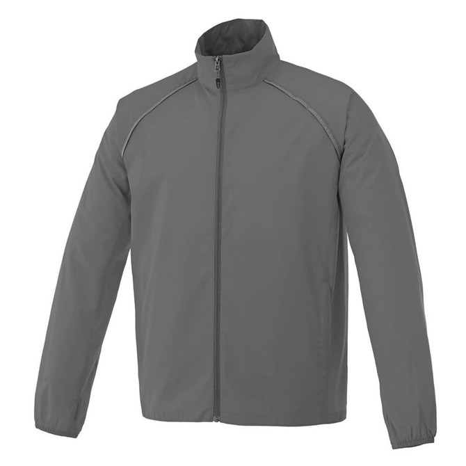 A grey packable jacket for men with a zip front and a stand-up collar, featuring a logo on the sleeve.