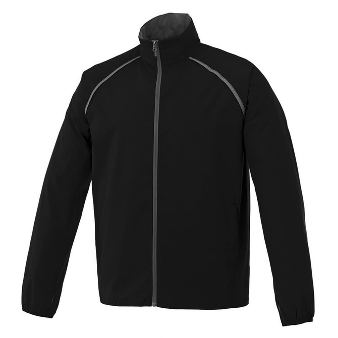 A packable men's jacket in black with grey detailing and a zip front. Features a high collar and elastic cuffs.