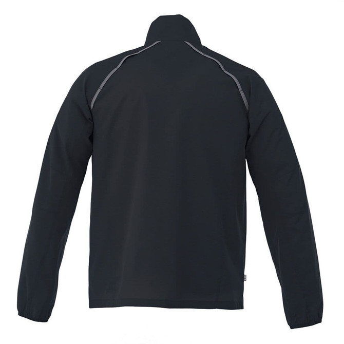 A black men's packable jacket with a high collar and reflective detailing at the shoulders, featuring logo branding.