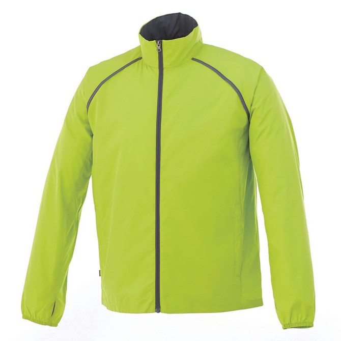 A bright green men's packable jacket with a zip front and high collar, featuring a logo on the chest.
