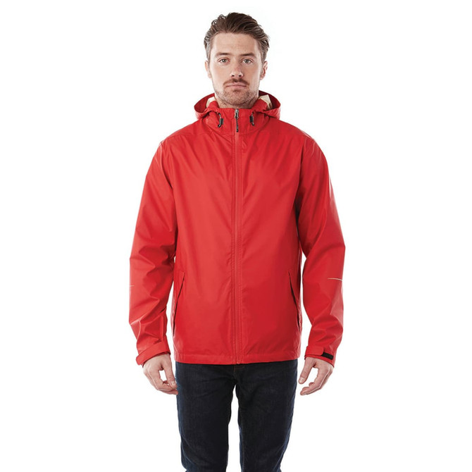 A red rain jacket for men with a hood, featuring a logo on the chest and a simple design.