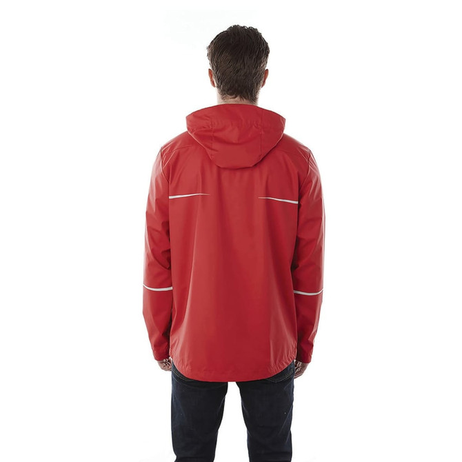 A red rain jacket with a hood, featuring reflective stripes, displayed from the back. The jacket has a branding logo.